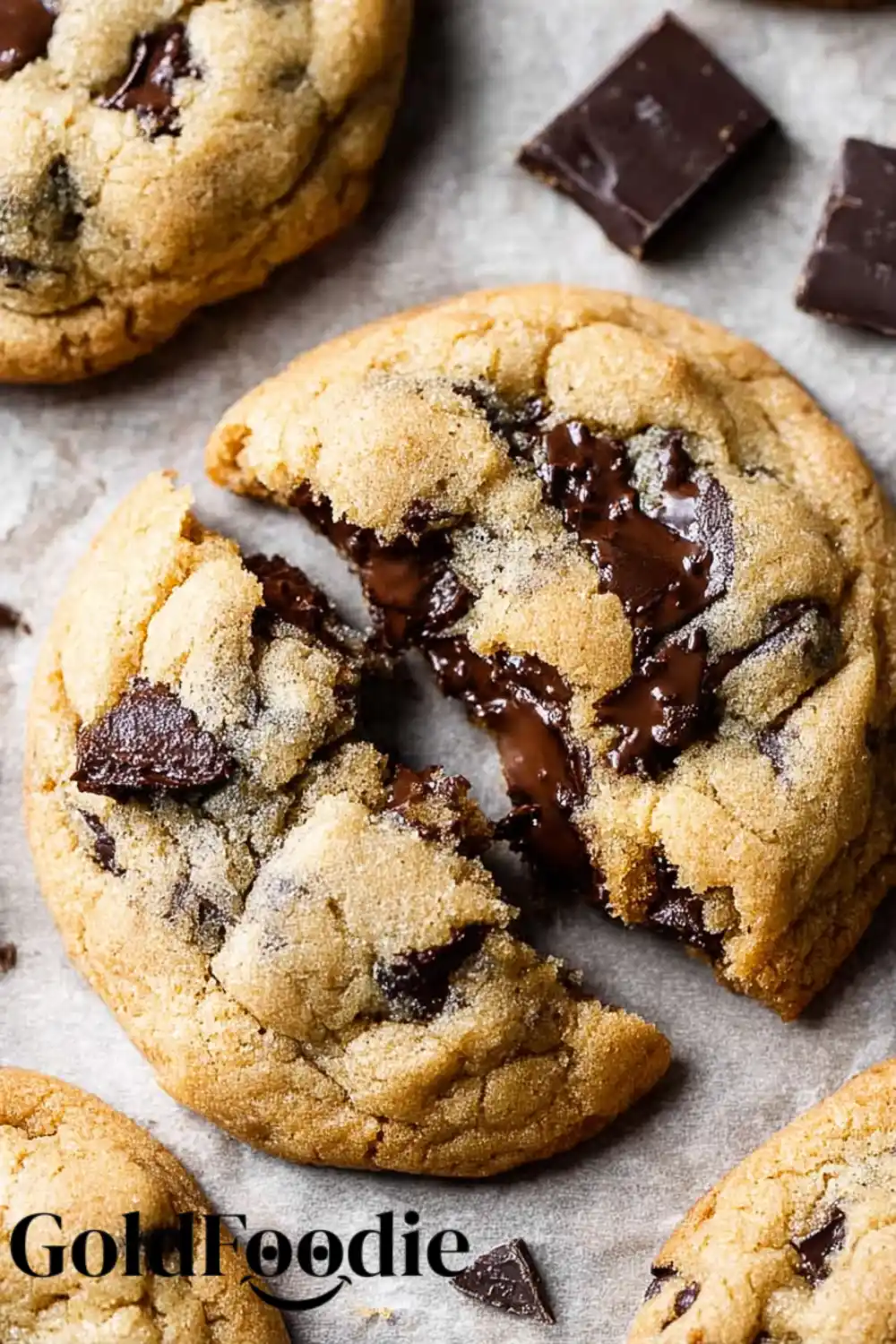 A chocolate chip cookies broken in half