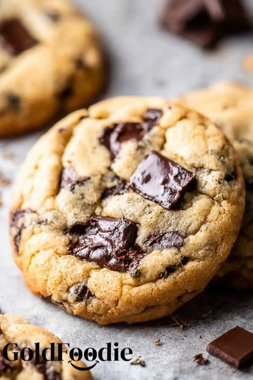 Extreme close-up of a golden gooey chocolate chip cookies