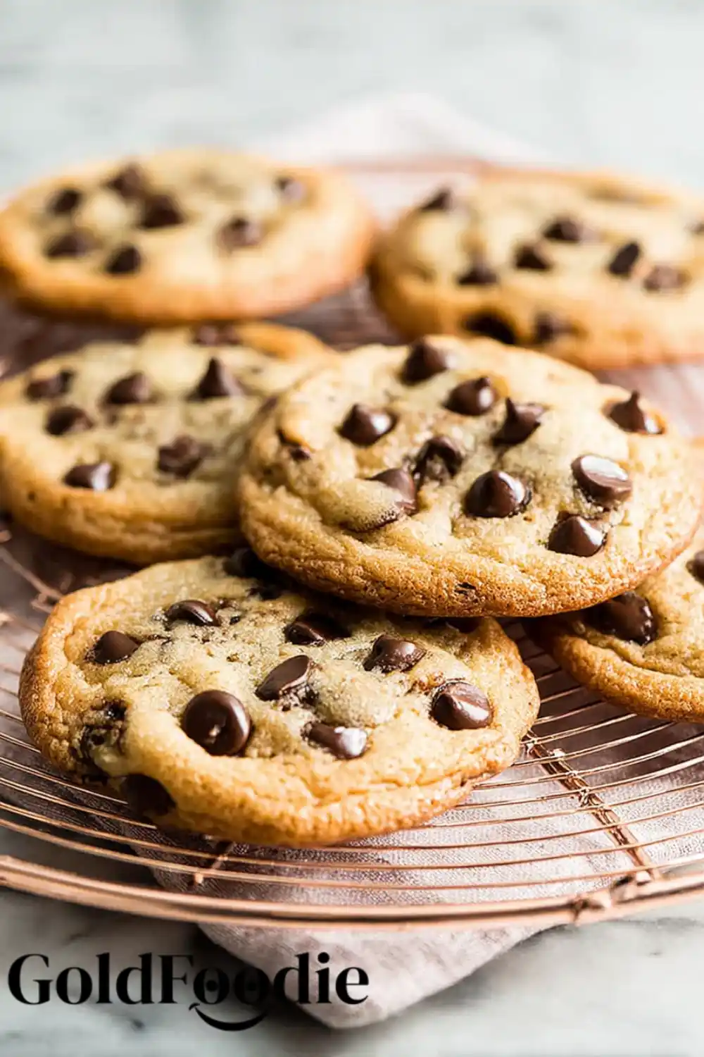 Freshly baked, golden chocolate chip cookies