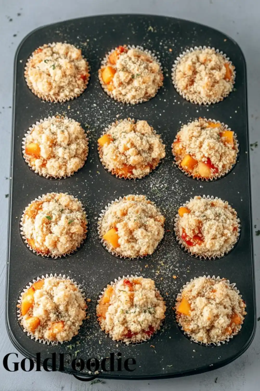 Freshly Baked Peach Cobbler Muffins in Tin Freshly Baked Peach Cobbler Muffins