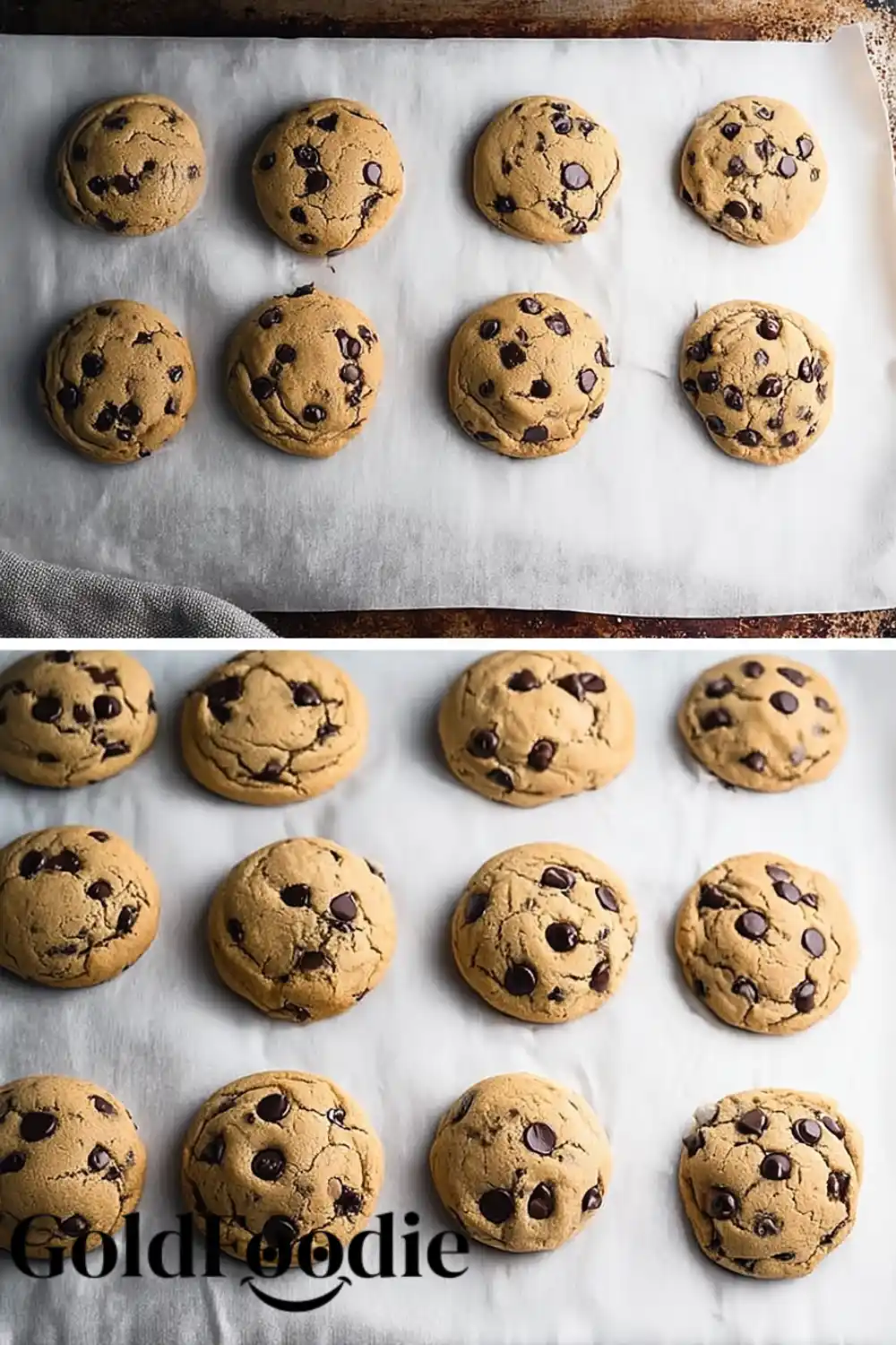 A comparison image showing raw scoops of chocolate chip cookie dough next to baked, golden-edged cookies on a pan.
