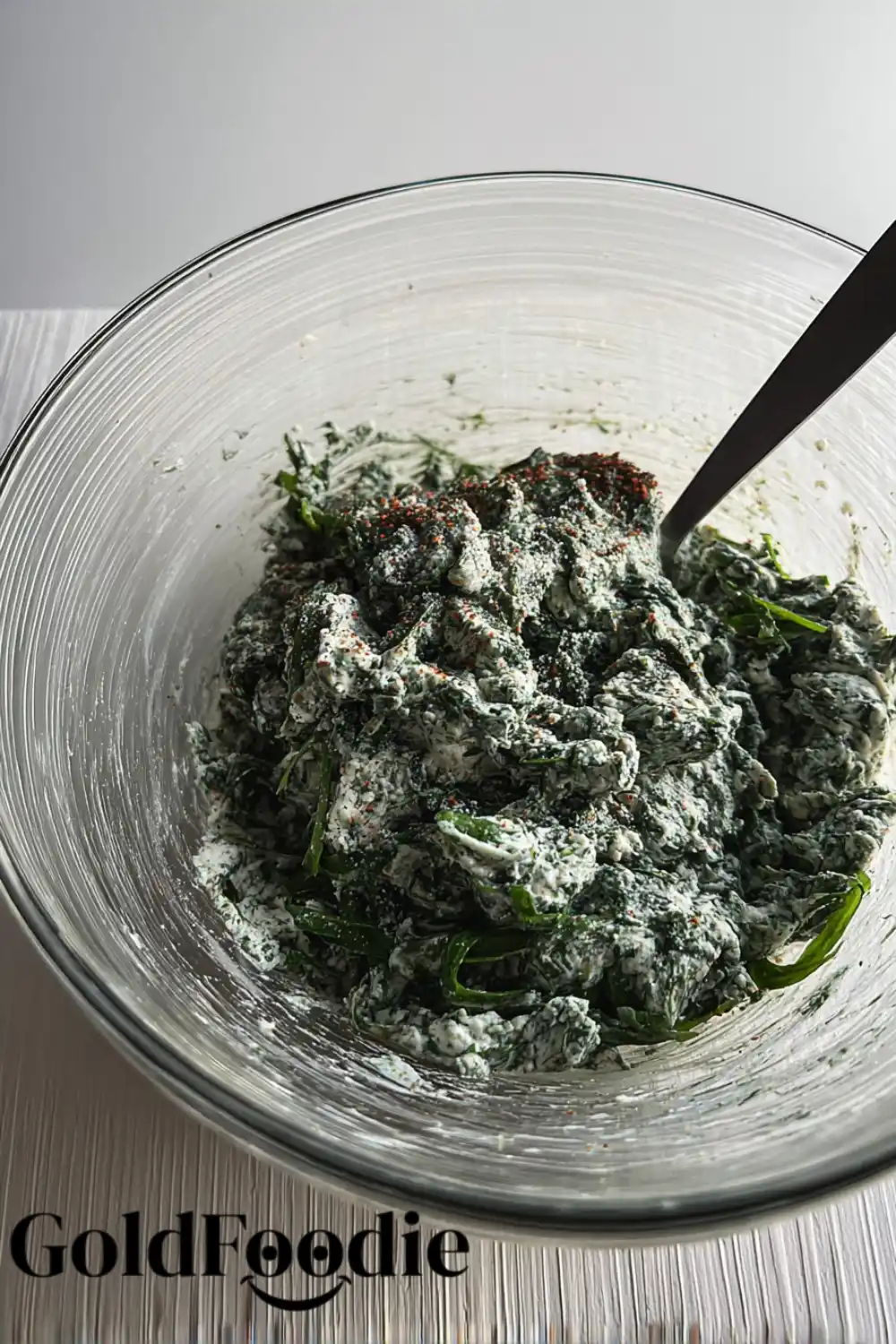 creamy spinach and ricotta filling for salatini recipes being mixed