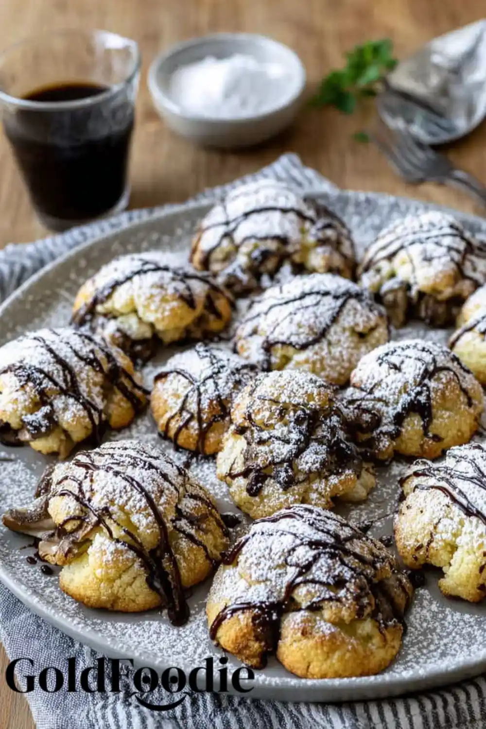 Plate of Powdered Sugar and Chocolate Drizzled Cannoli Cookies Chocolate Drizzled Cannoli Cookies