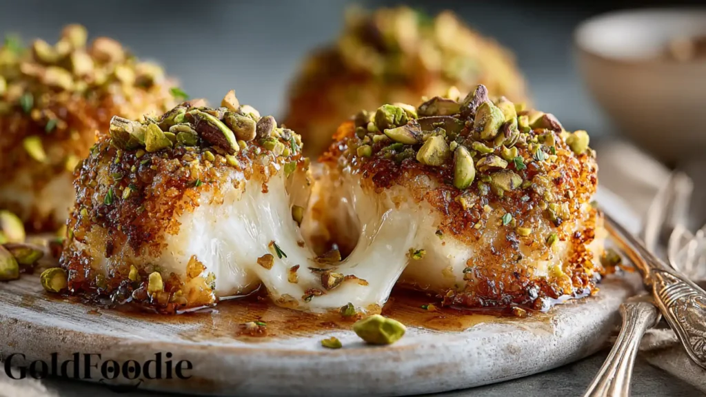 golden pistachio-crusted brie bites