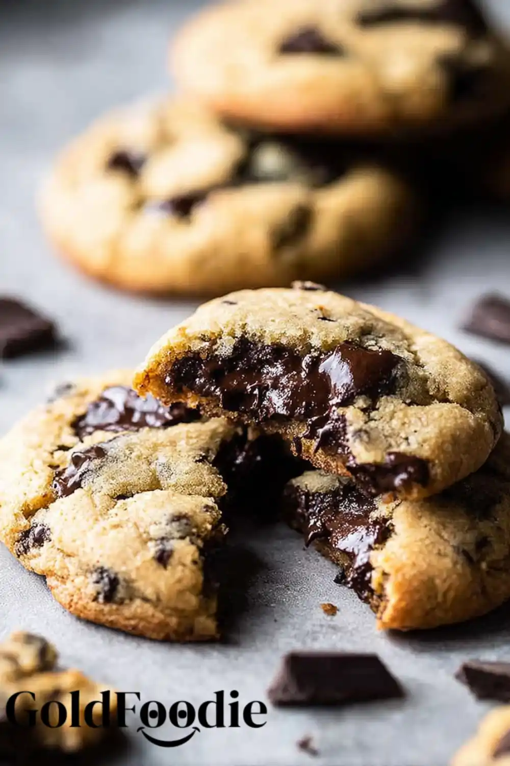 A stack of fresh chocolate chip cookies