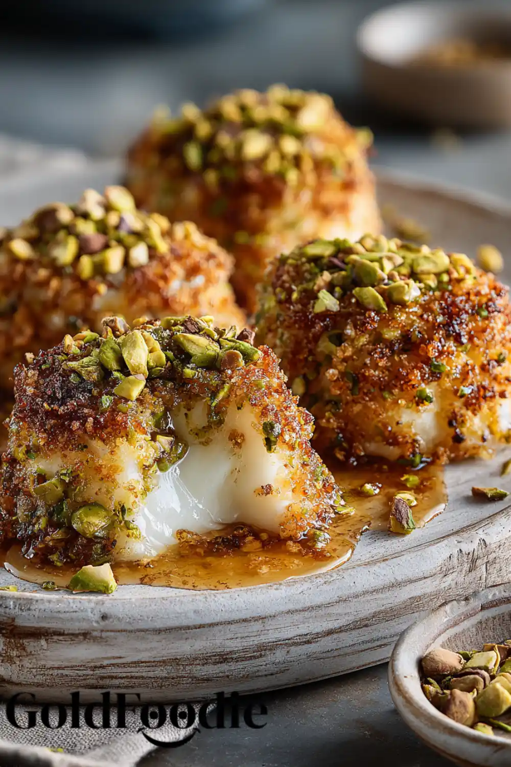 Warm Pistachio-Crusted Brie Bites Served Warm Pistachio-Crusted Brie Bites