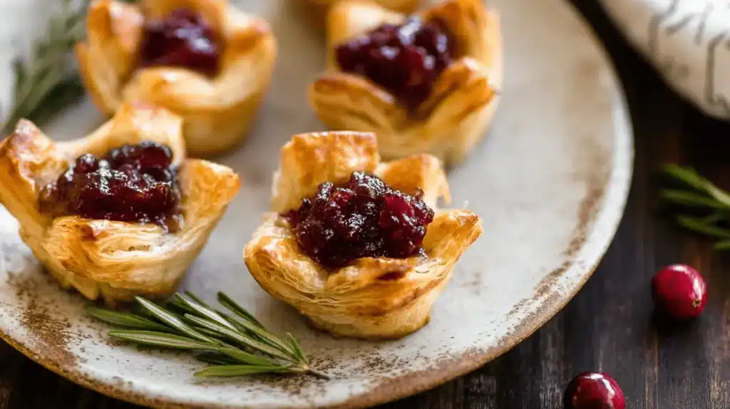 Close-up of golden Baked Cranberry Brie Bites with glistening ruby-red filling, garnished with fresh rosemary on a rustic plate.