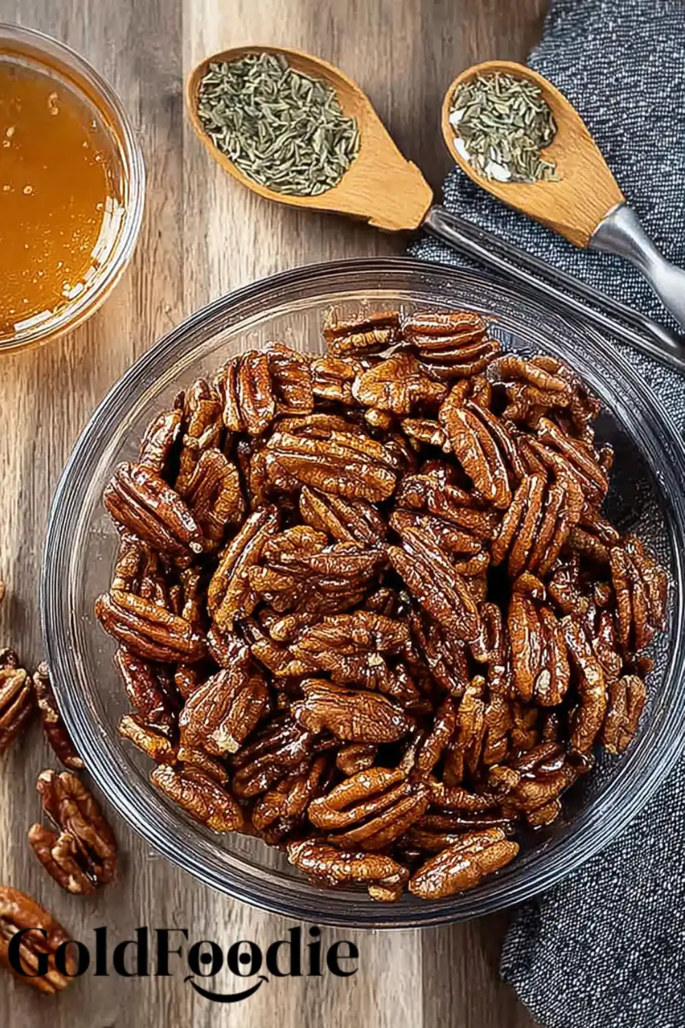 bowl-of-coated-gingersnap-pecans bowl filled with gingersnap pecans that have been perfectly