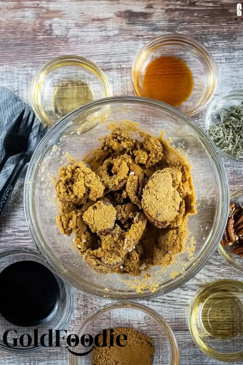 gingersnap-pecan-ingredients-in-bowls mixing bowl with brown sugar and spices