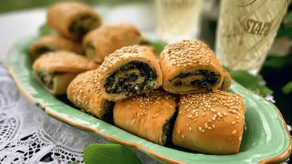 Golden-brown savory pastry rolls with spinach and cheese filling on a green platter, perfect for exploring Salatini recipes.