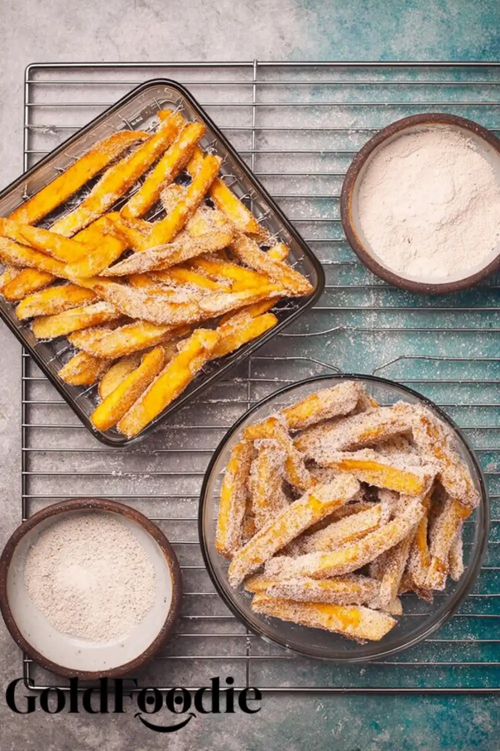Apple Fries Prep Station with Coating Apple Fries Prep