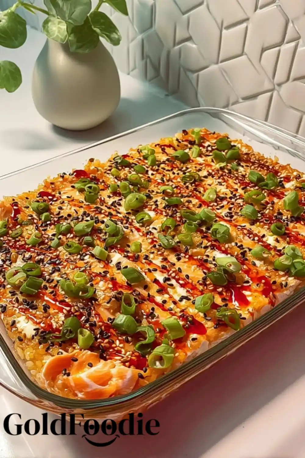 Baked Sushi Casserole with Toppings (Angled) Baked Salmon Sushi Bake Casserole