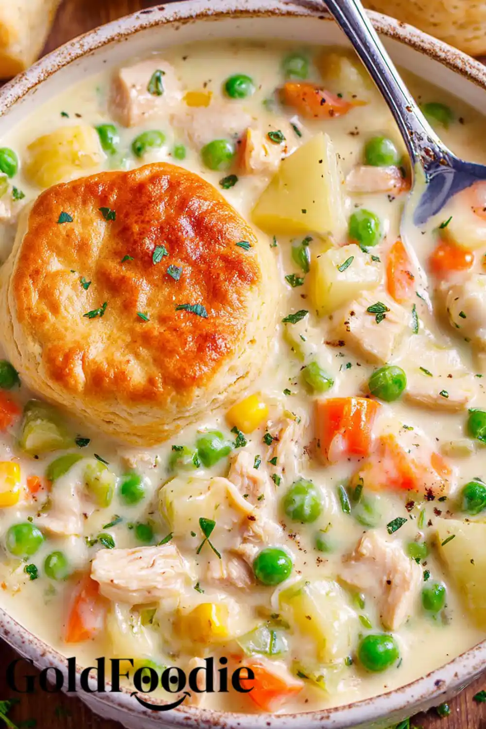 Bowl of Chicken Pot Pie Soup with Biscuit