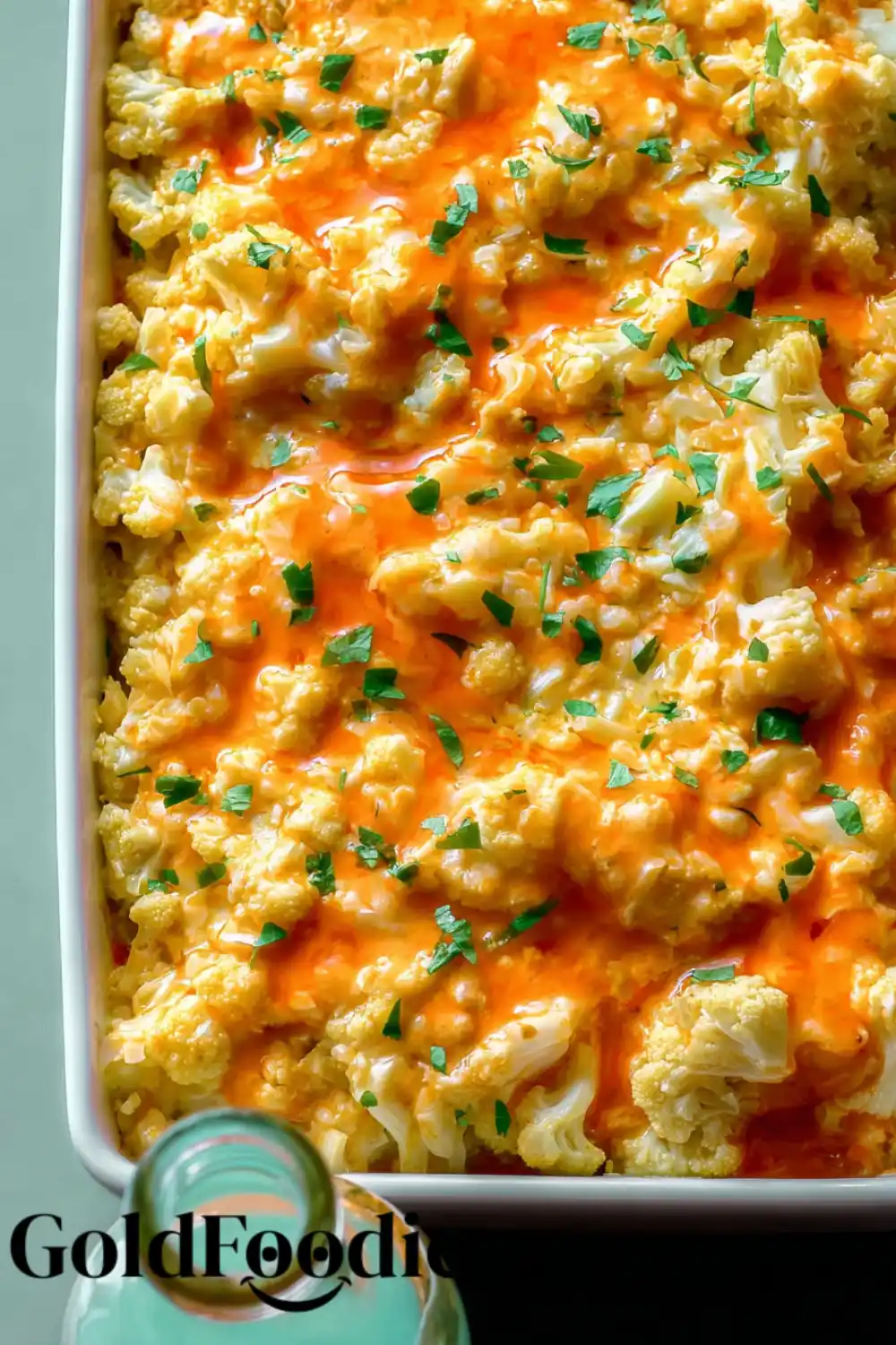 Close-Up of Cheesy Buffalo Cauliflower Bake Close-Up of Cheesy Buffalo Chicken Cauliflower Casserole