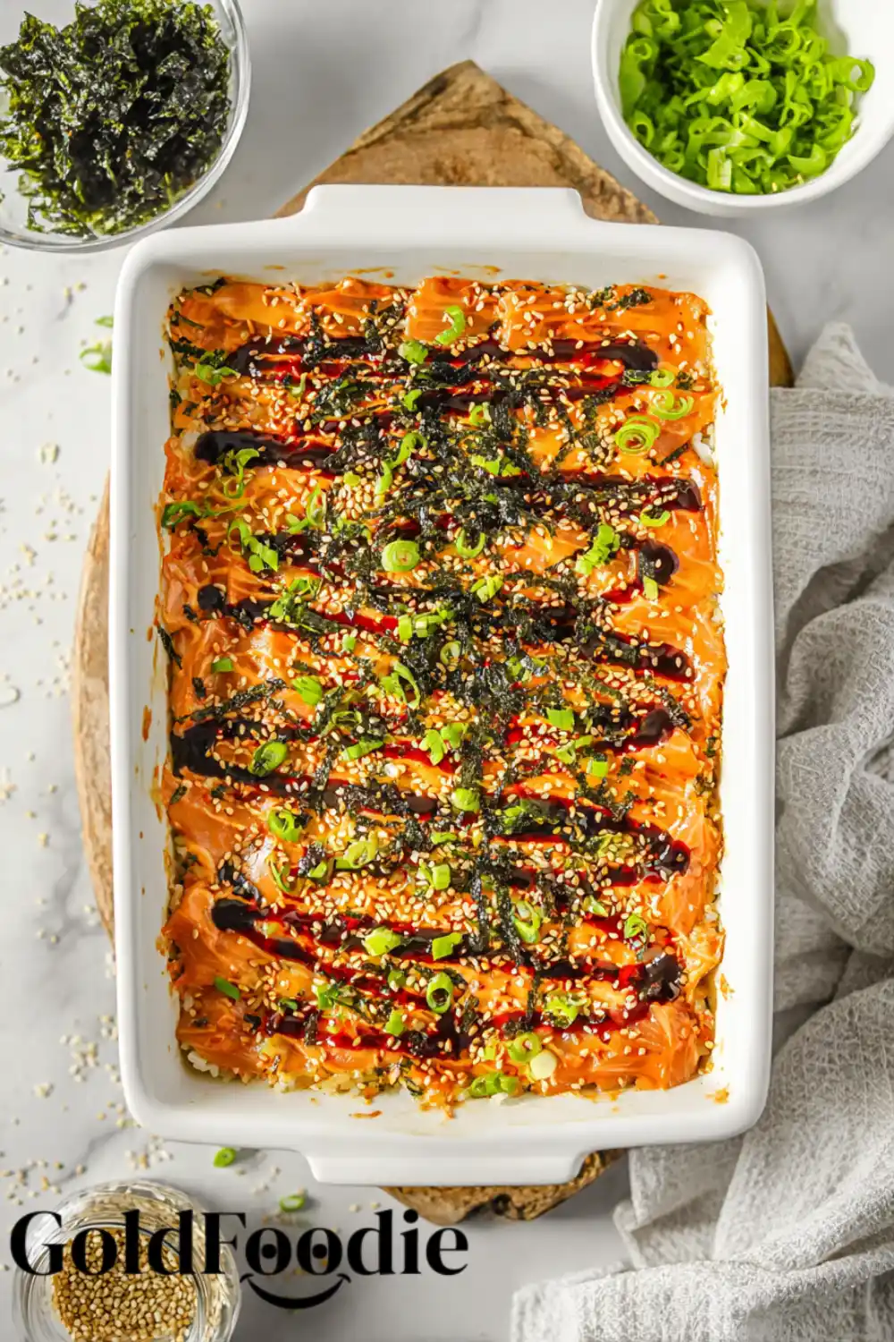 Finished Salmon Sushi Bake Overhead View Salmon Sushi Bake