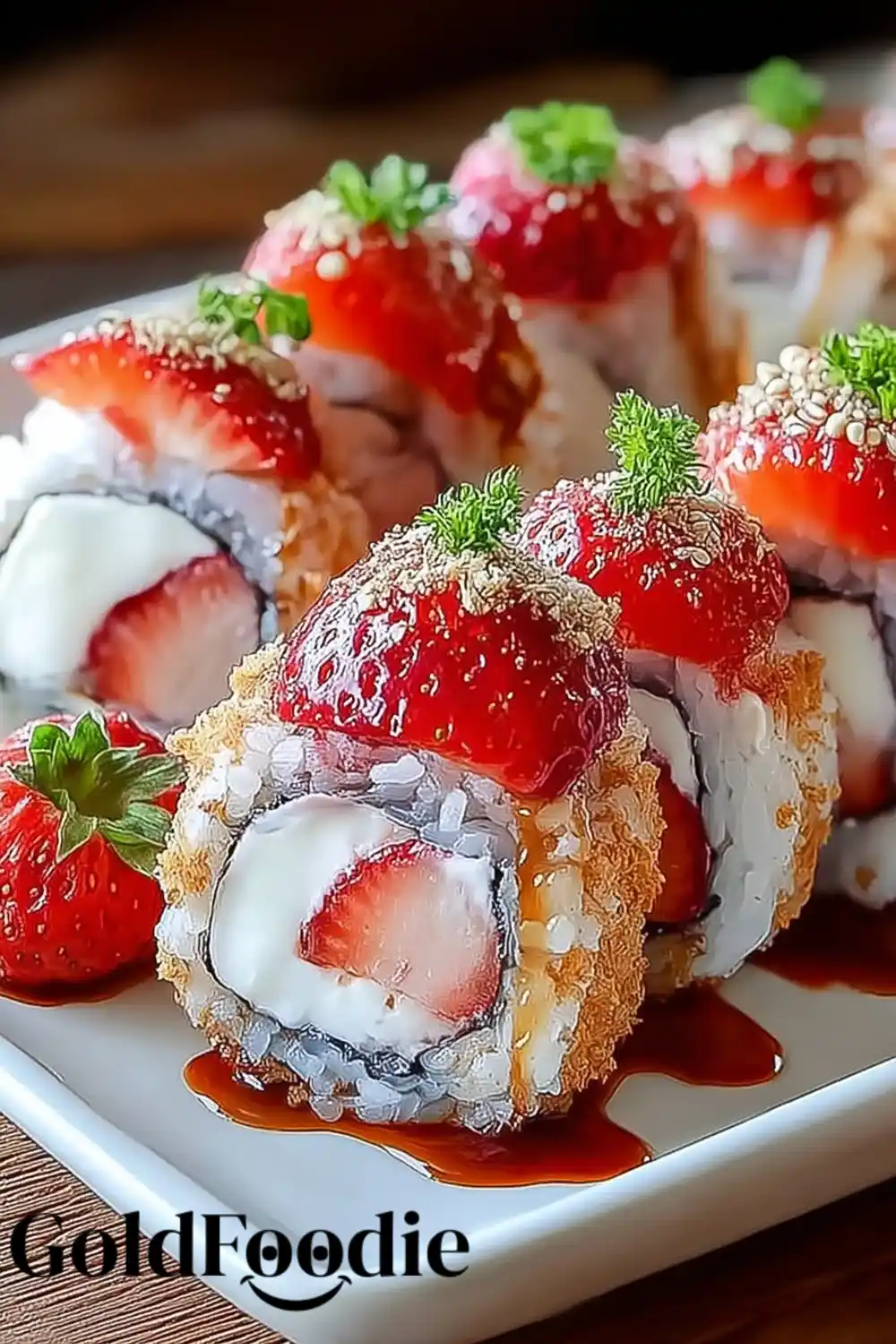 Garnished Strawberry Shortcake Sushi Garnished strawberry shortcake sushi rolls