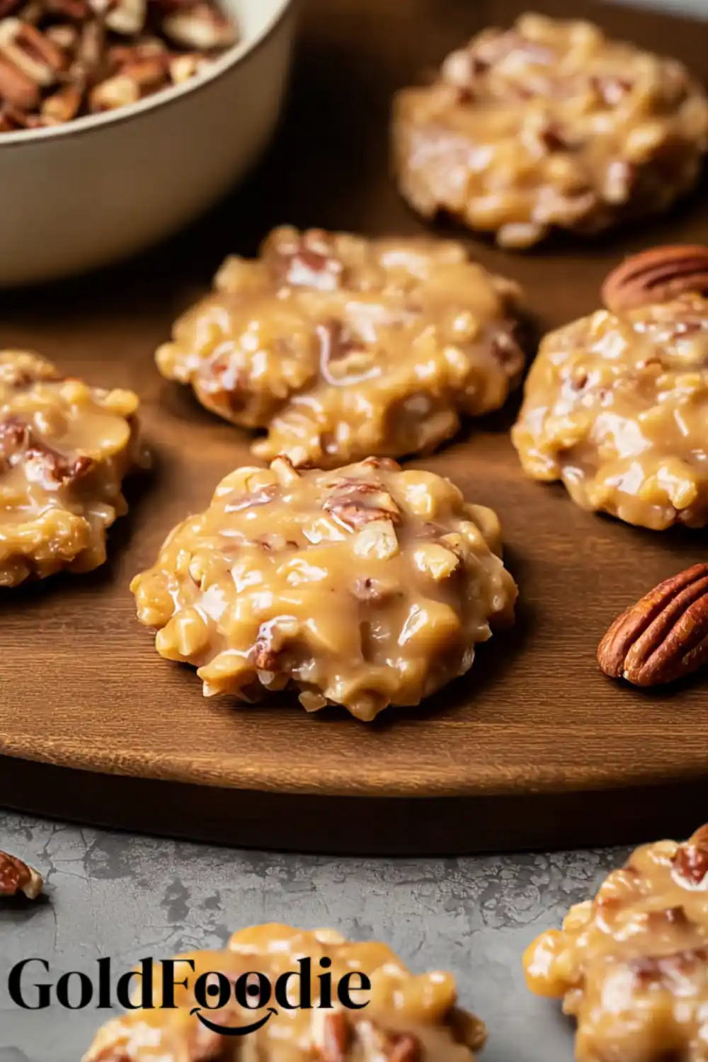Glazed Pecan Praline Cookies Close Up Easy No-Bake Coconut Pecan Praline Cookies