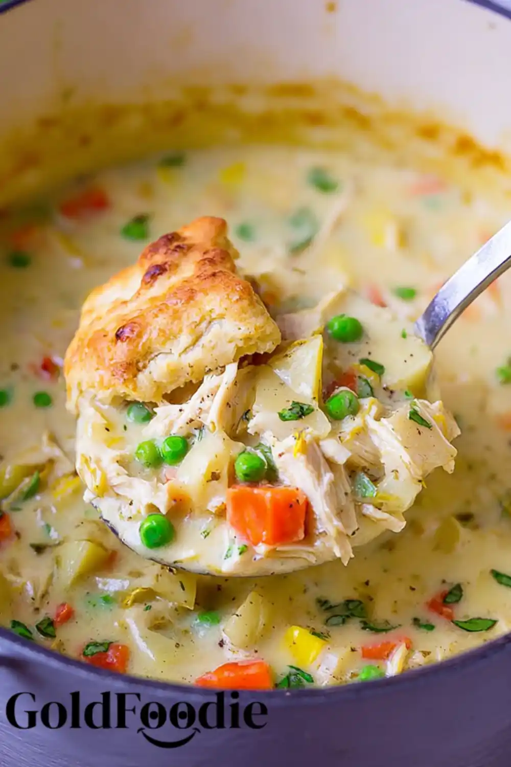 Ladle of Chicken Pot Pie Soup with Biscuit