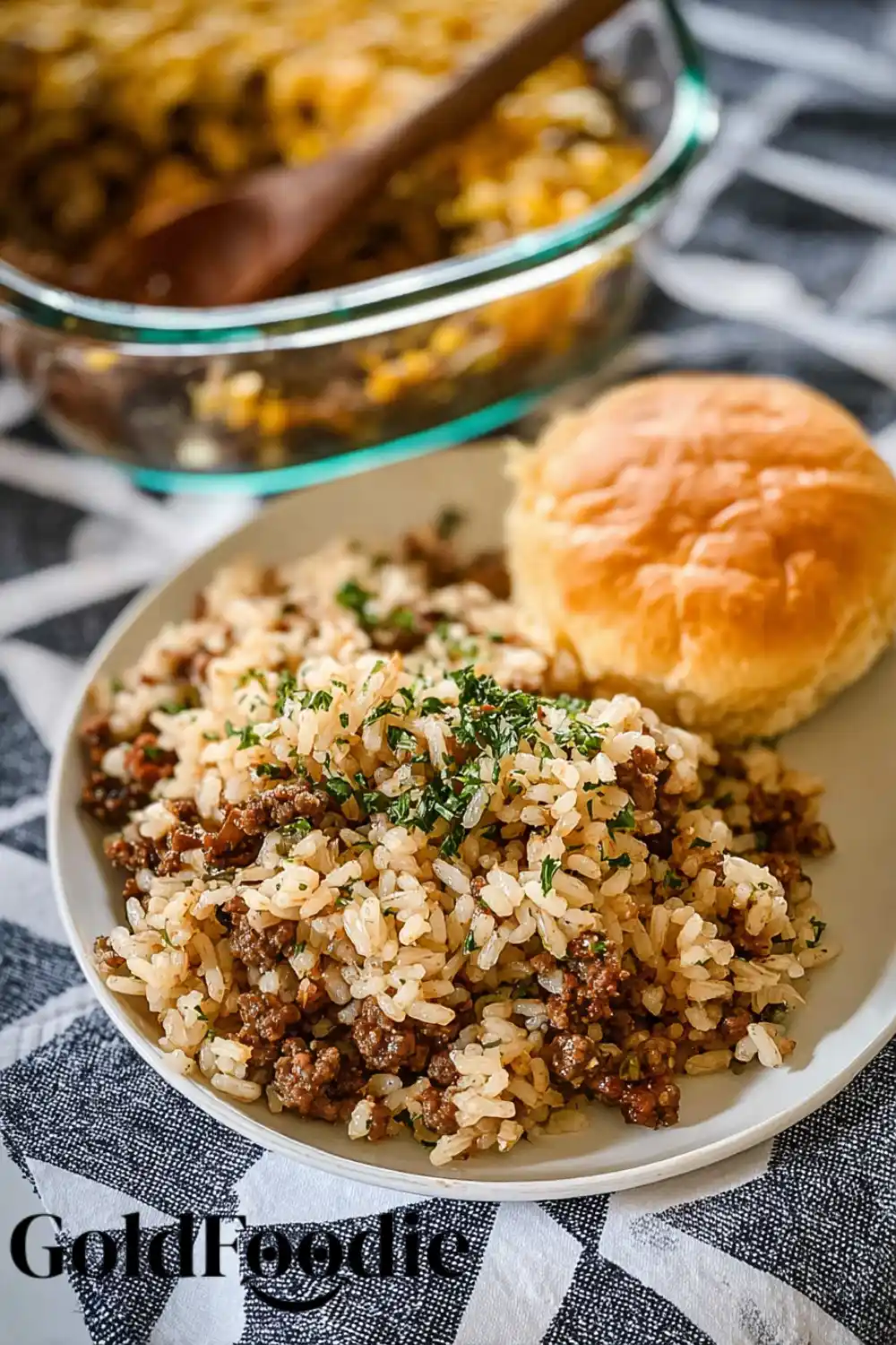 Plated French Onion Ground Beef Casserole with Roll French Onion Ground Beef Casserole