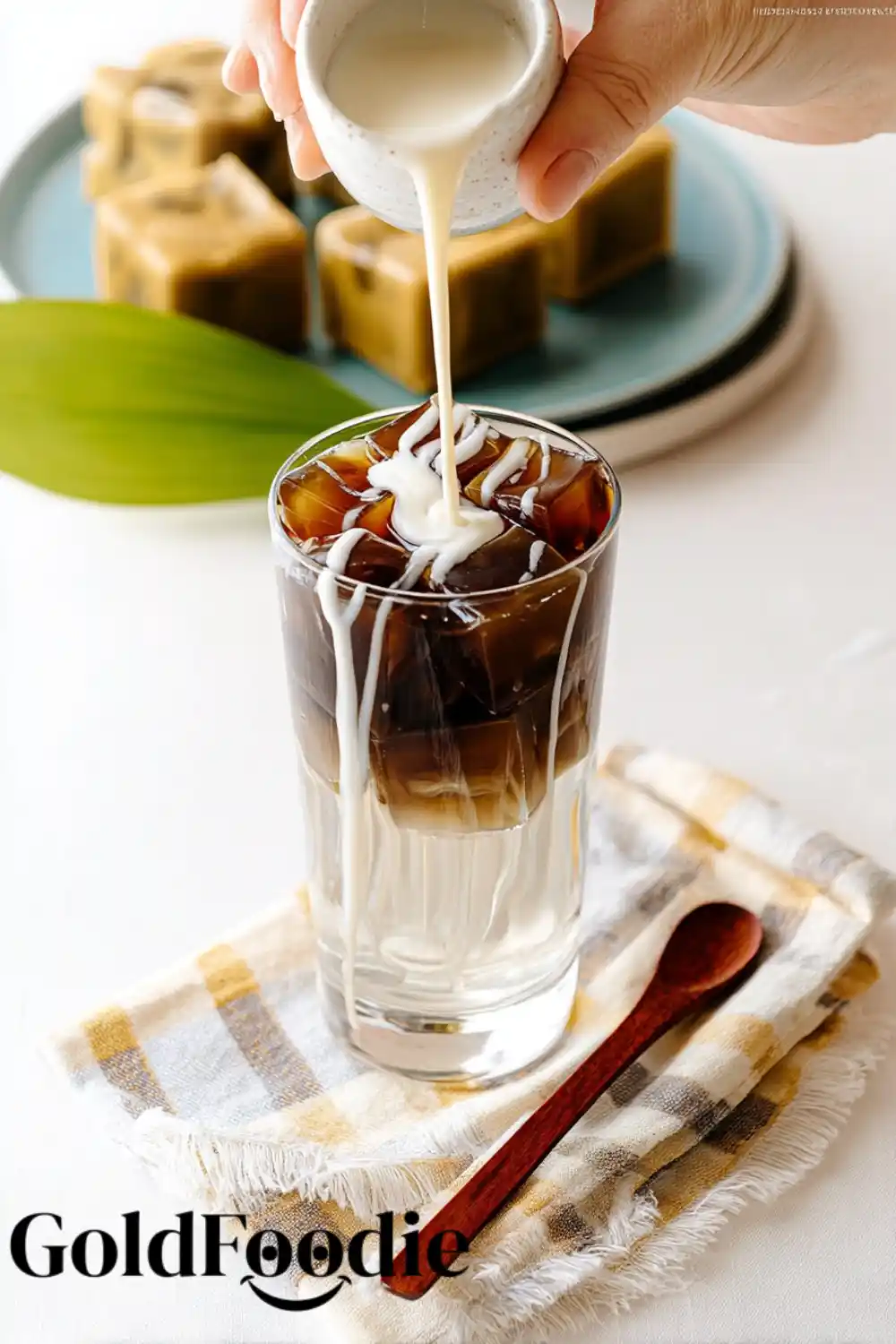 Pouring Milk into Hojicha Jelly Drink Pouring Cream over Hojicha Jelly