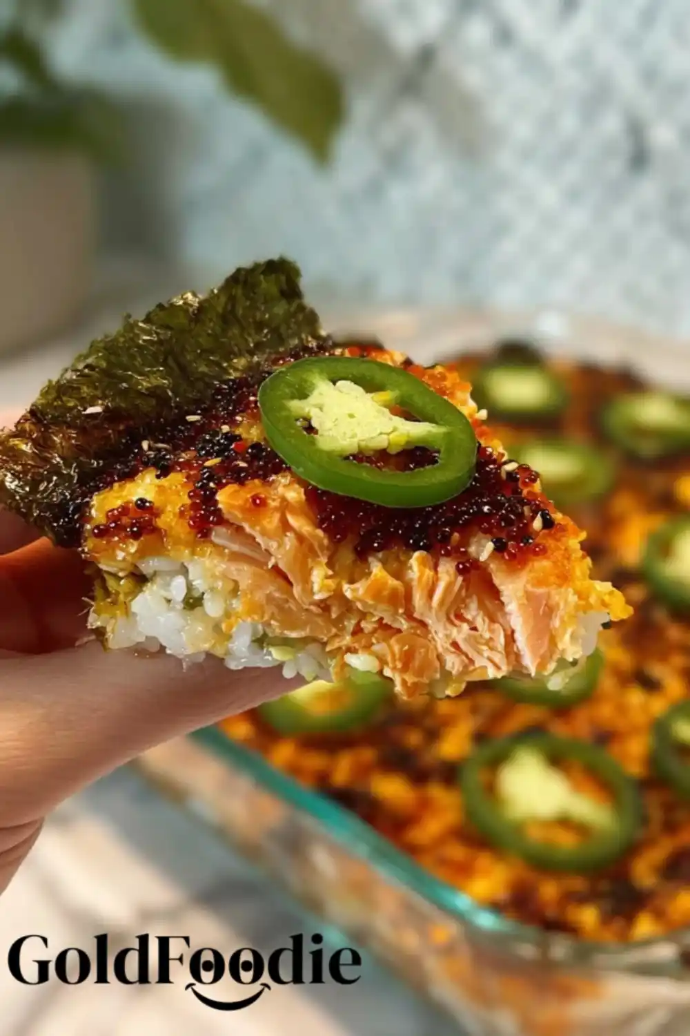 Serving Slice of Salmon Sushi Bake on Nori Serving Slice of Salmon Sushi Bake