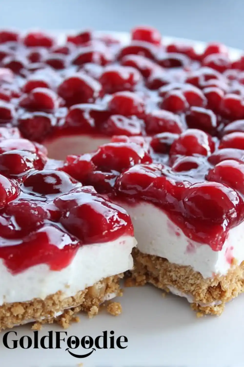 Sliced No-Bake Cherry Cheesecake Close-up