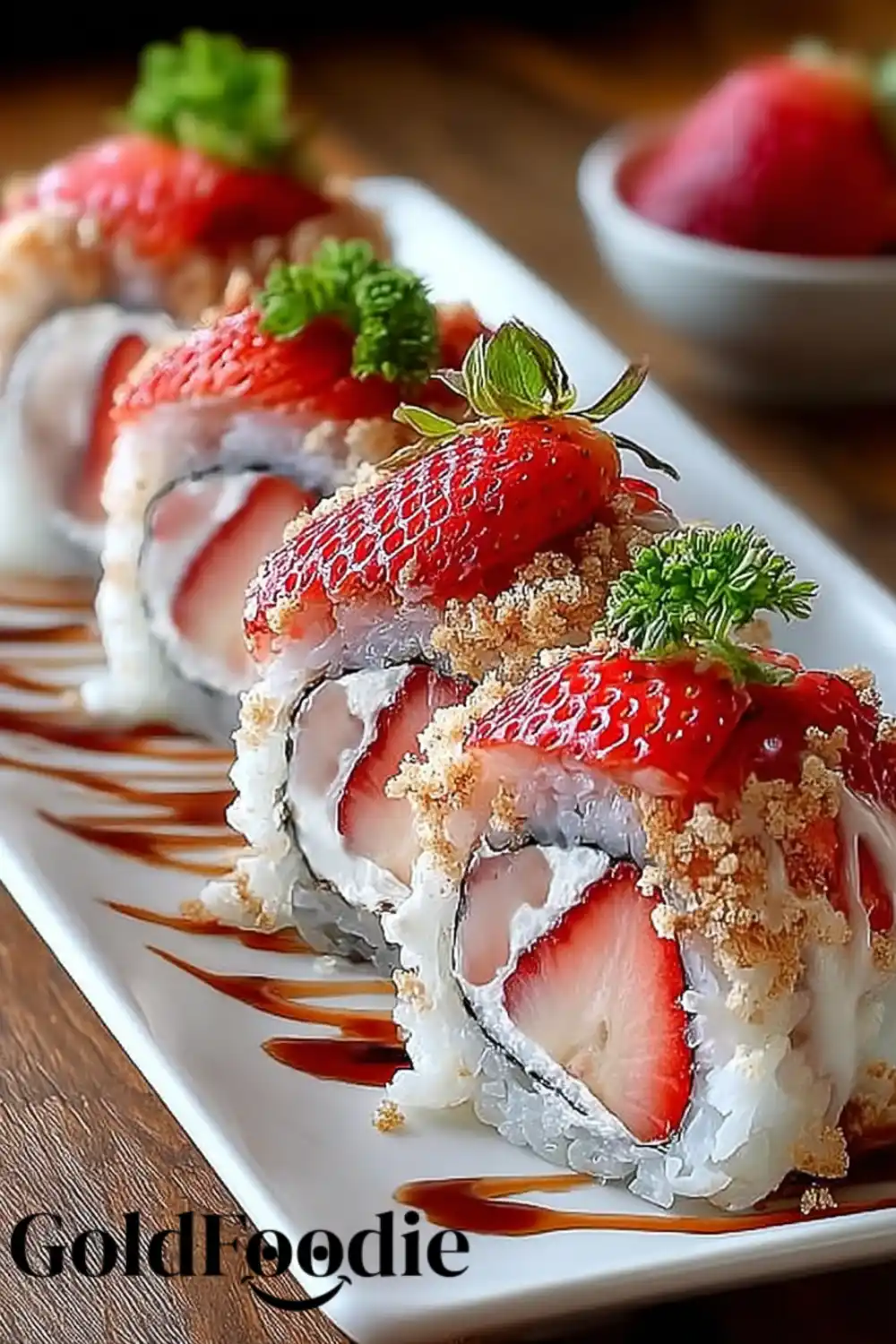 Strawberry Shortcake Sushi Rolls 5 strawberry shortcake sushi rolls lined up