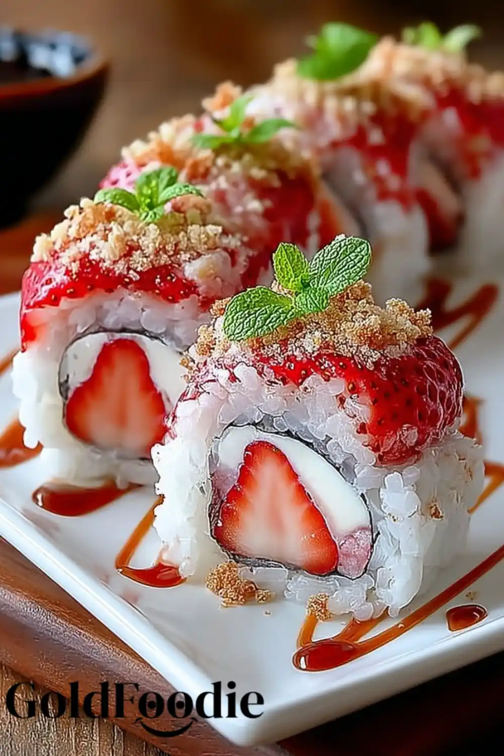 Strawberry Sushi with Mint Garnish two strawberry shortcake sushi rolls