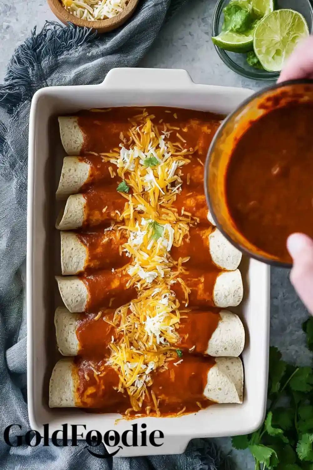 Topping Enchiladas with Sauce and Cheese Topping Enchiladas with Sauce and Cheese