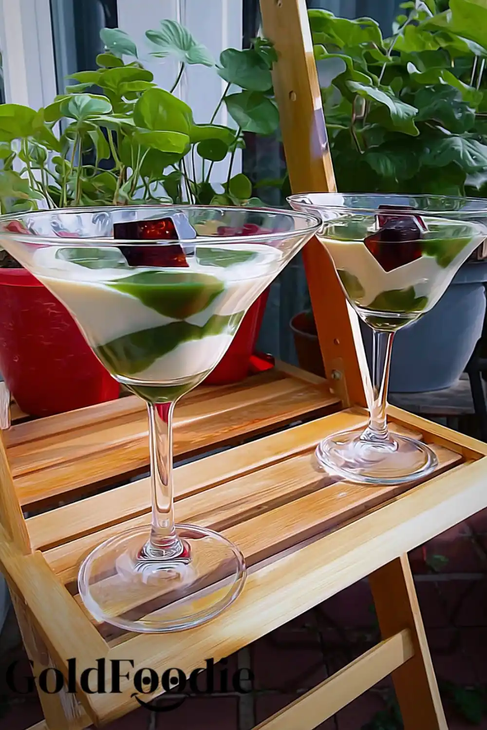 Two Green Milk Tea Jelly Glasses Outdoors Two Green Milk Tea Jelly Glasses Outdoors