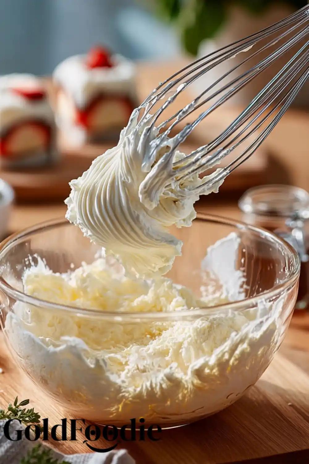Whipping Cream for Dessert Sushi fluffy white whipped cream from a clear glass mixing bowl, with strawberry shortcake pieces blurred
