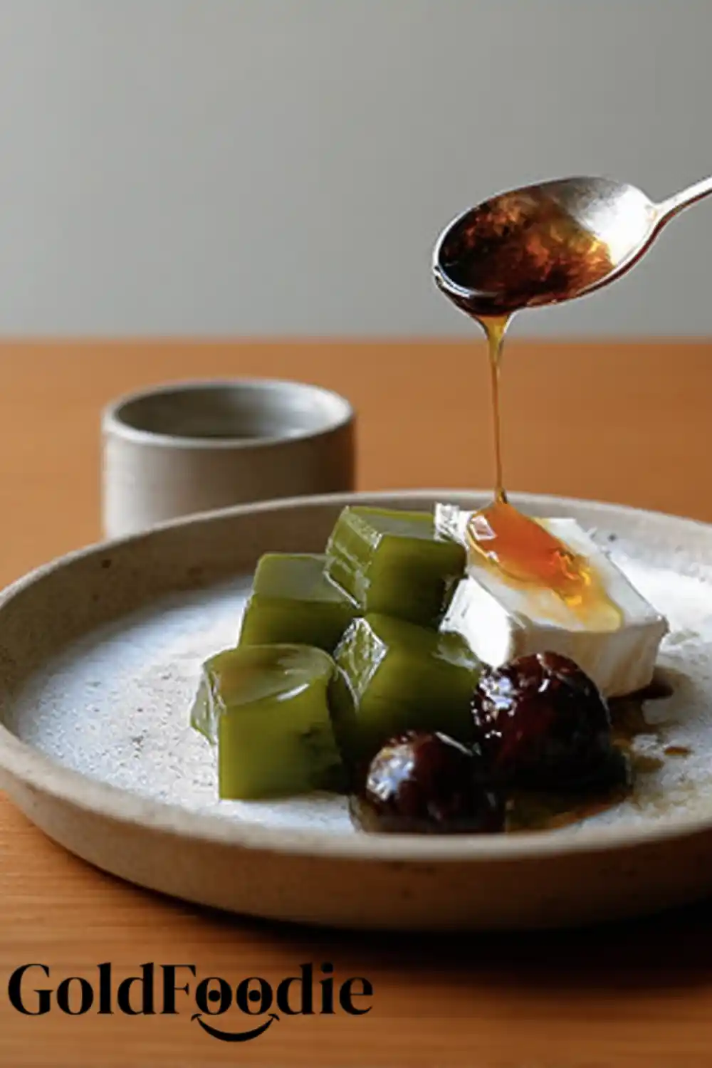 plated-matcha-gelatin-cubes-with-cream-cheese-and-syrup Japanese Matcha Anmitsu Gelatin Dessert