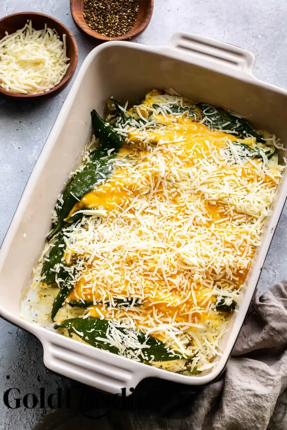 Adding Final Layer of Cheese to Poblano Peppers