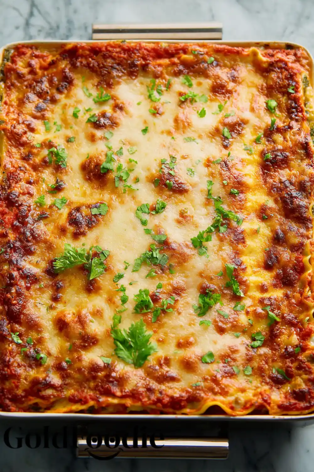 Baked Lasagna in a Casserole Dish with Parsley Garnish Easy Loaded Veggie Lasagna