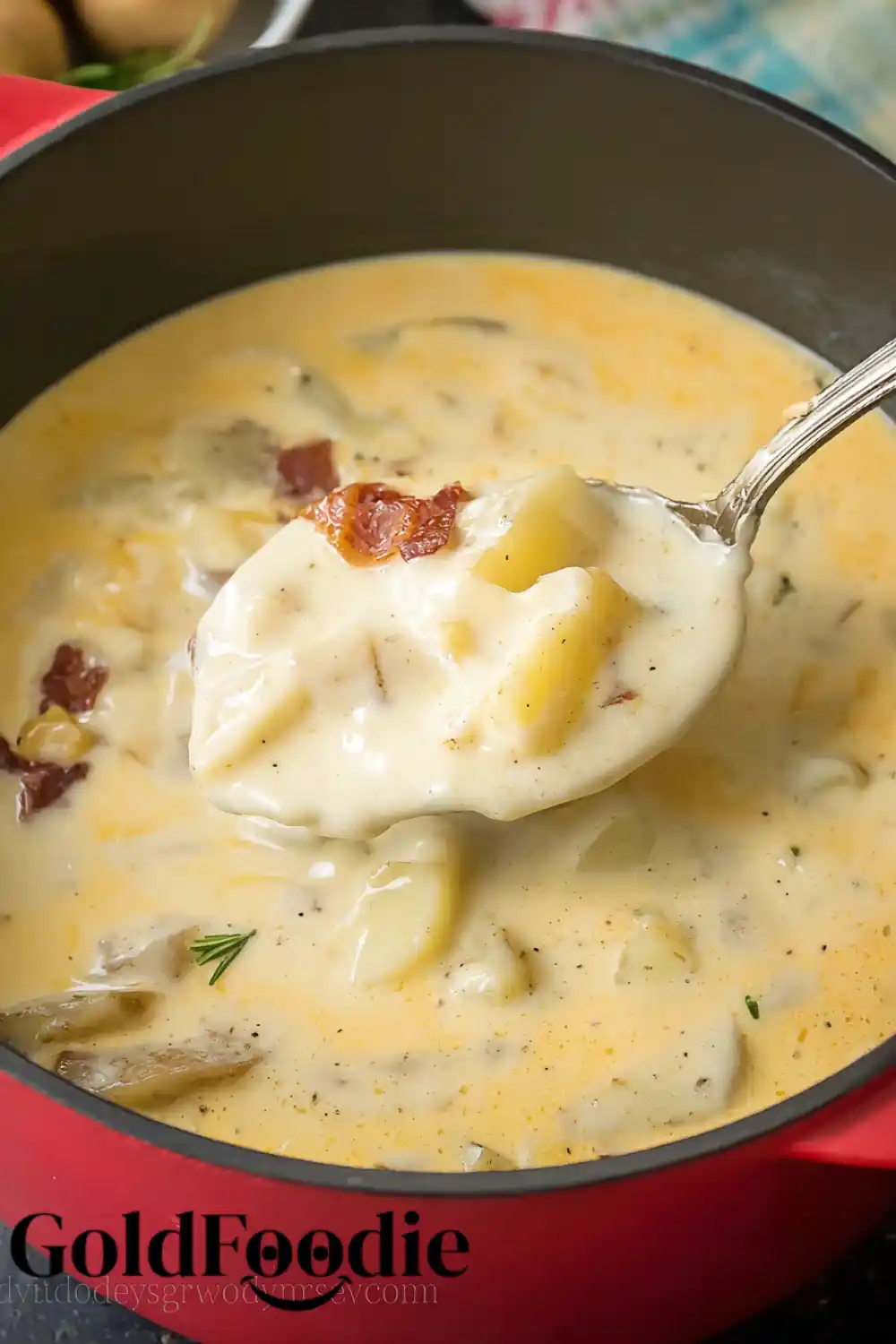 Chunky Baked Potato Soup in Red Pot Chunky Loaded Baked Potato Soup