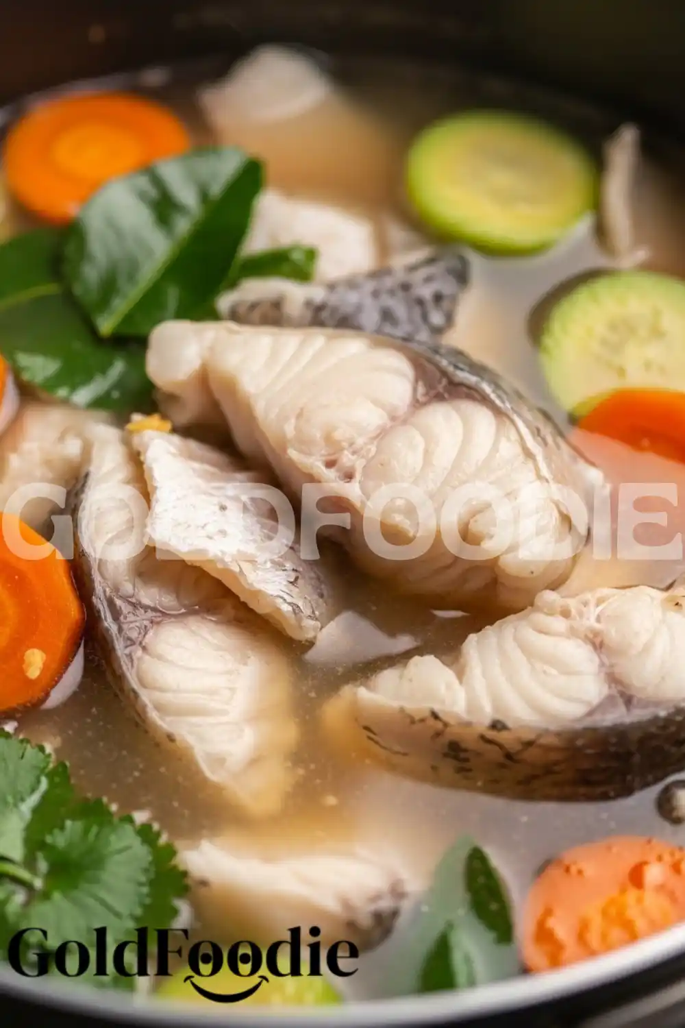 Close-up of Poached White Fish in Thai Broth