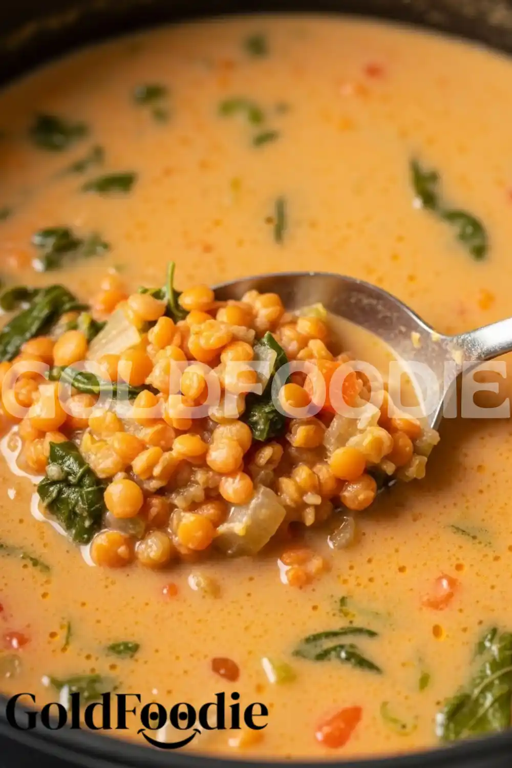 Close-up of Red Lentil Soup with Spinach