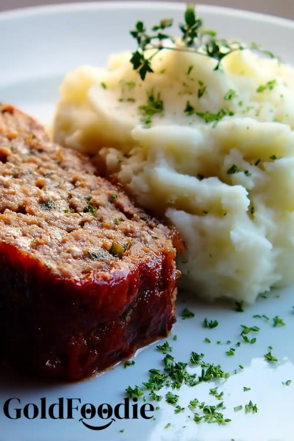 Glazed Meatloaf and Potatoes Side View Glazed Meatloaf with Mashed Potatoes