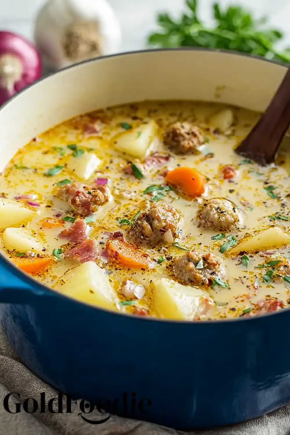 Homemade Potato Soup with Sausage in Pot Homemade Potato Soup with Sausage