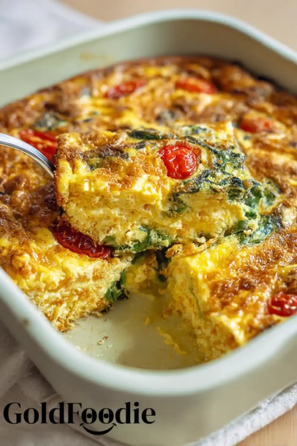 Lifting a Slice of Cottage Cheese and Veggie Bake