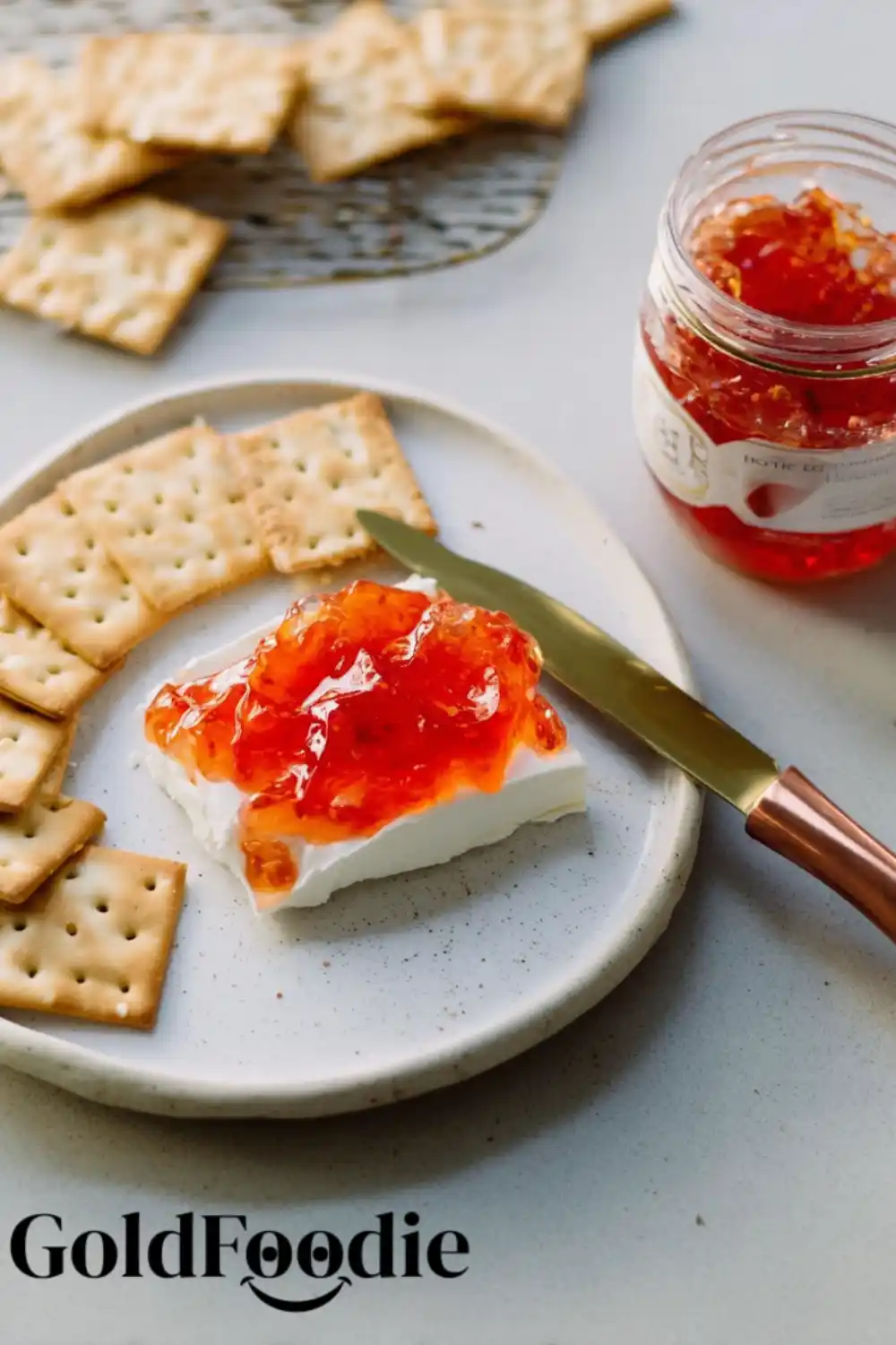 Simple Pepper Jelly Cream Cheese Appetizer on Crackers Simple Pepper Jelly and Cream Cheese