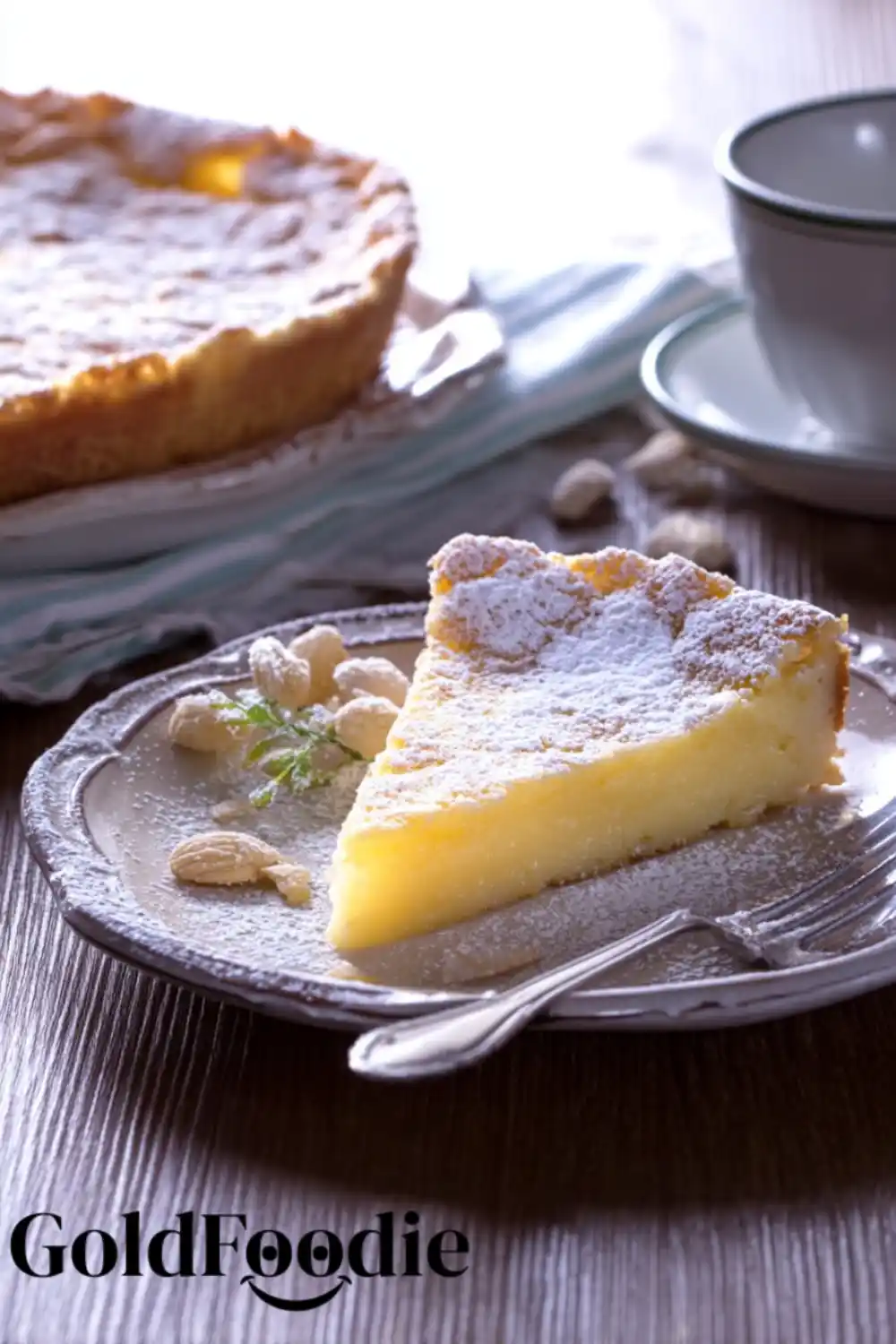 Single Slice of Classic Torta della Nonna with Powdered Sugar Single Italian Grandma’s Lemon Custard Cake