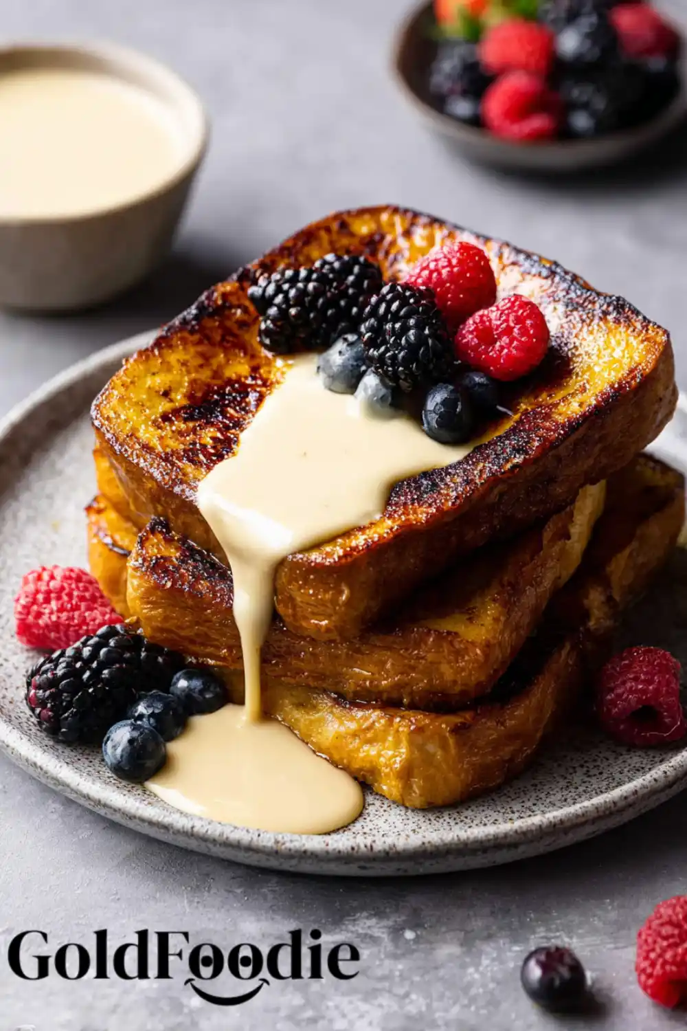 Stacked Crème Brûlée French Toast on Plate Stacked Crème Brûlée French Toast