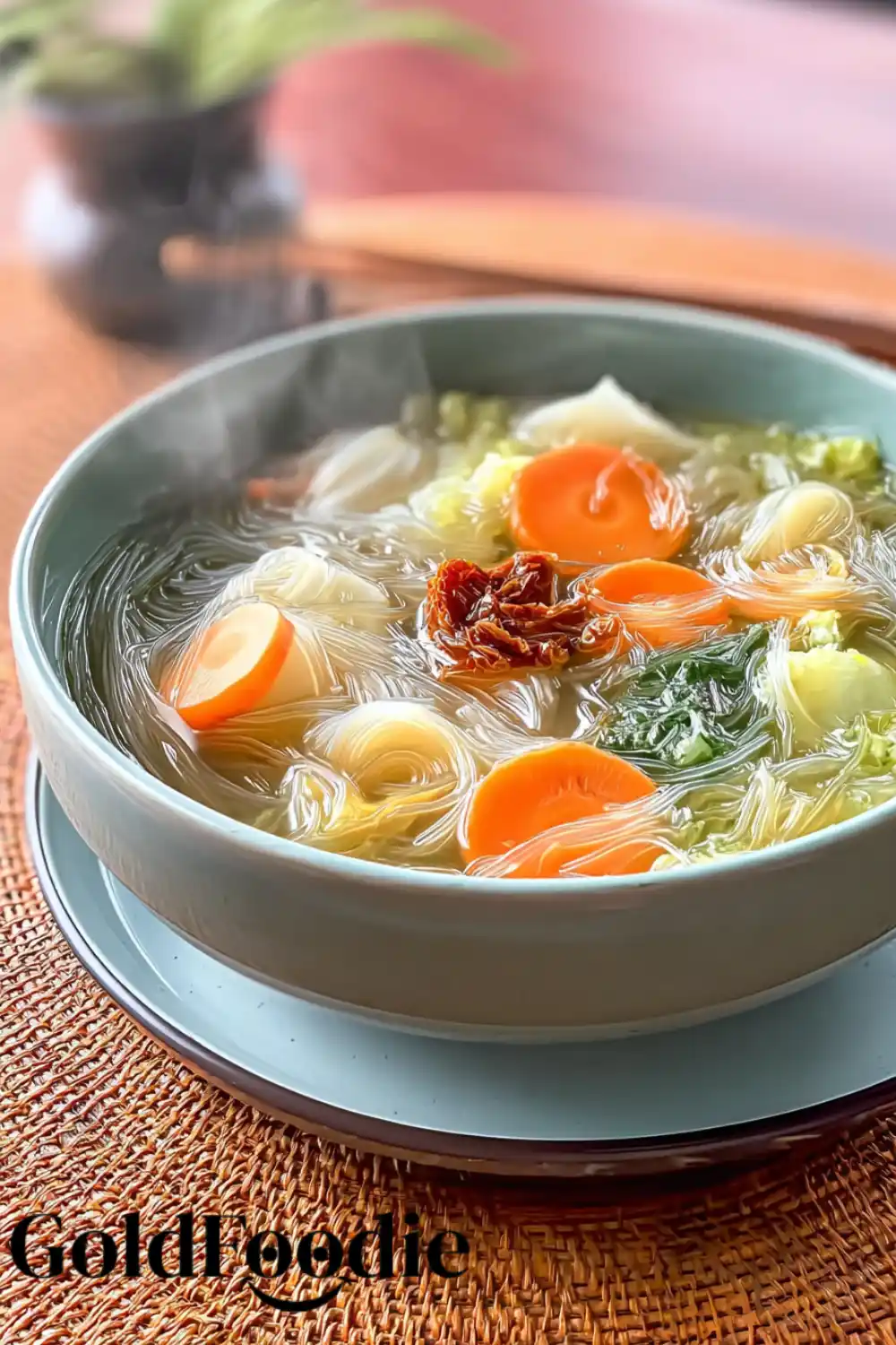 Tom Jued Soup (Thai Vegetable Soup) 3 Steaming Hot Tom Jued with Carrots and Cabbage