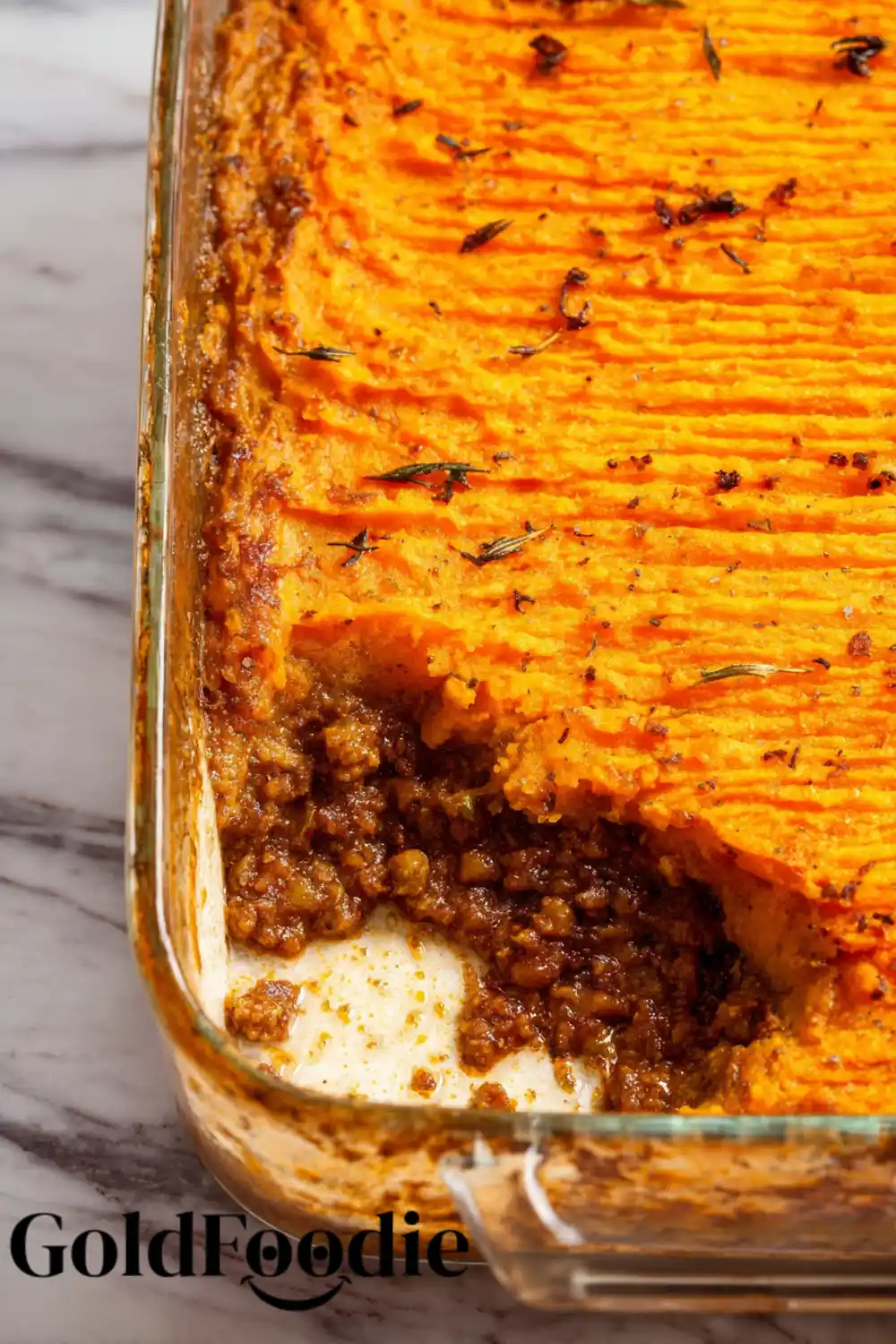 Sweet Potato Shepherd's Pie Casserole in Baking Dish Sweet Potato Shepherd's Pie Casserole