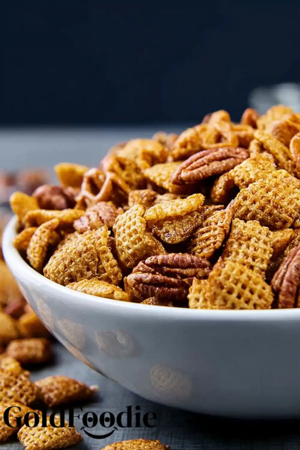 Up-Close View of Crispy Snack Mix Crispy Praline Crunch Crispix Pecan
