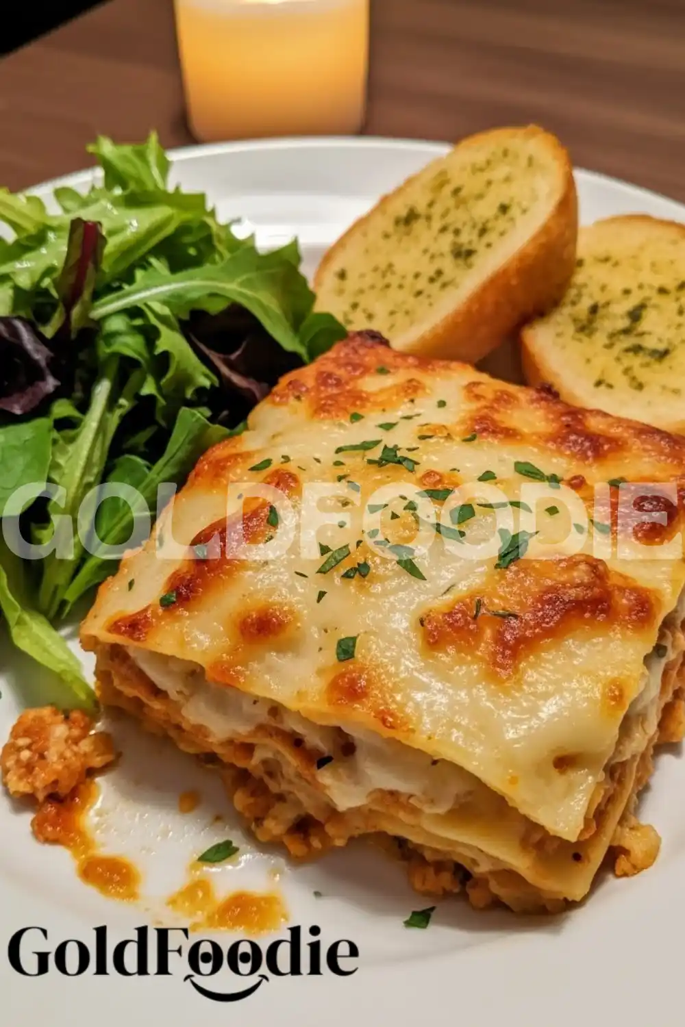 Close-up of Lasagna Layers and Garlic Bread Close-up of Lasagna Layers and Garlic Bread