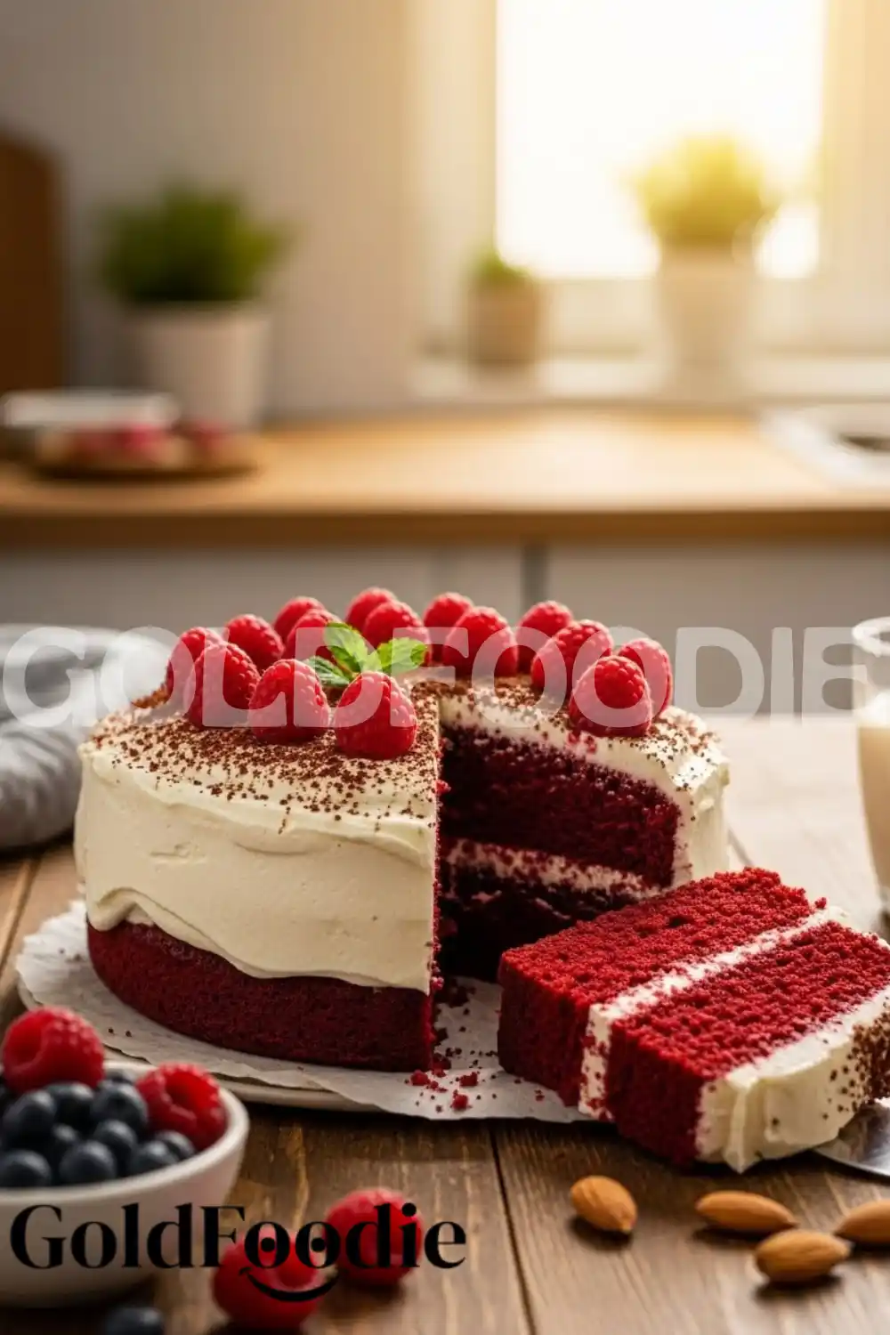 Frosted Red Velvet Cake with Raspberries