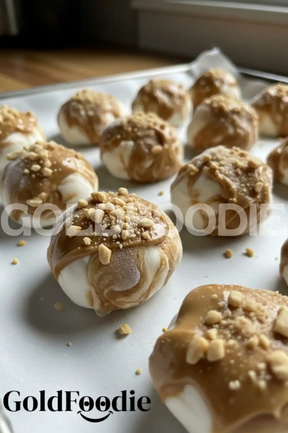 Frozen Peanut Butter Yogurt Bites on Baking Sheet
