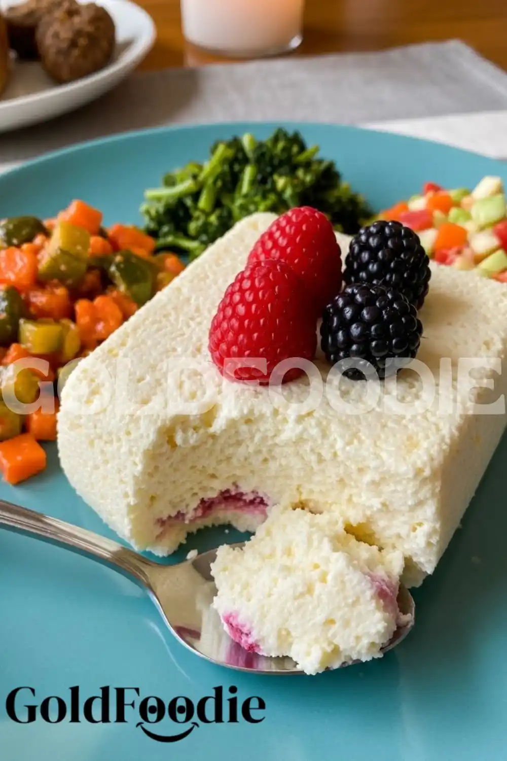 Healthy Bariatric Jello Fluff Serving on Blue Plate Healthy Bariatric Jello Fluff Serving on Blue Plate